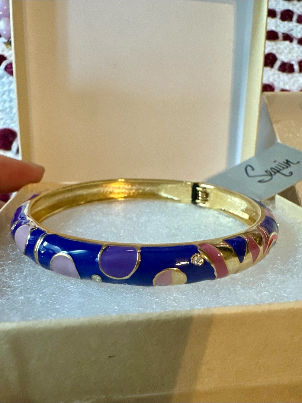 Sequin Hand-Painted Blue pink Purple Enamel Bangle Bracelet Geometric accents